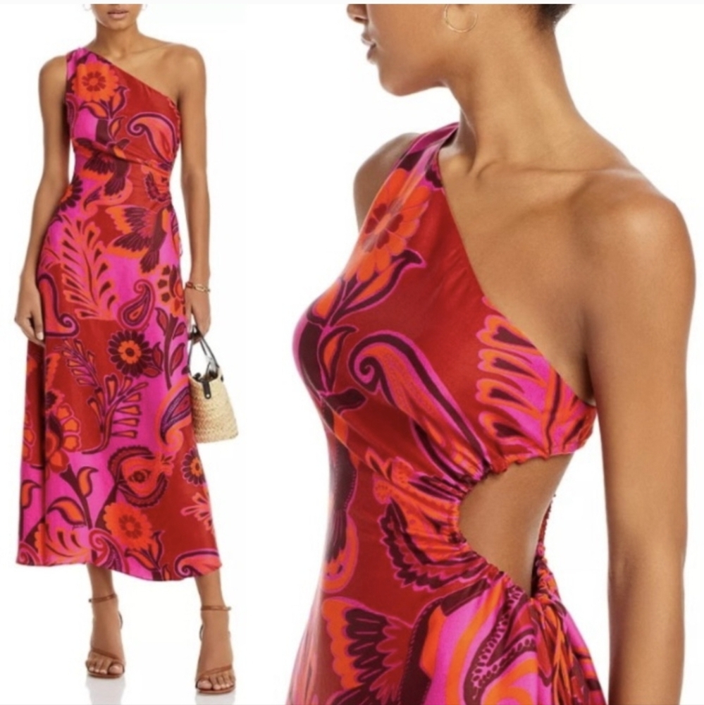 FARM Rio One-Shoulder Cutout Maxi Dress in Pink and Red Floral Print